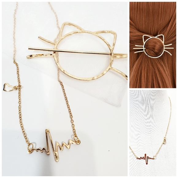 Jewelry - 4x $25 Cat lovers bundle Golden heart bea hair pin